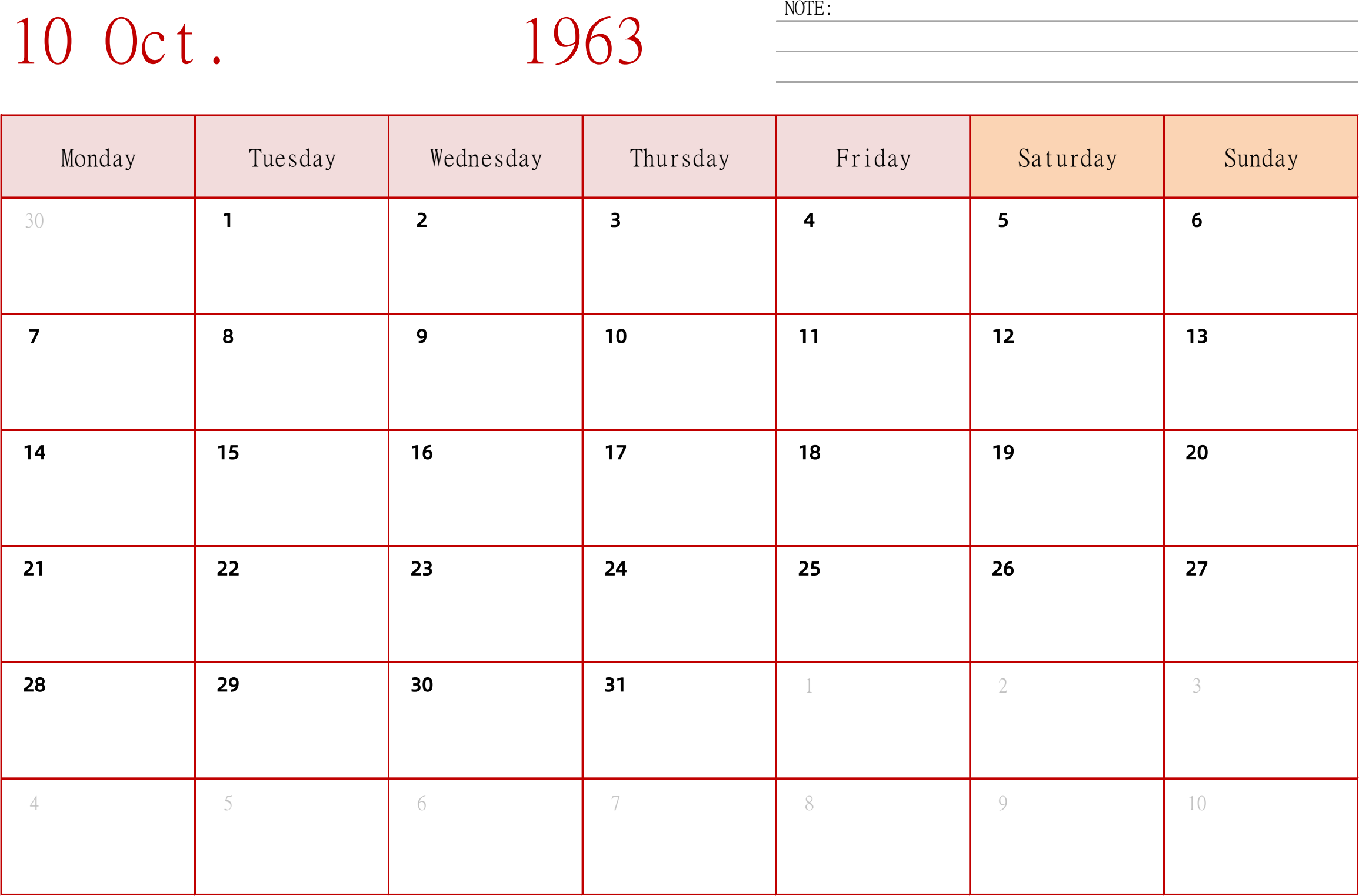 日历表1963年日历 英文版 横向排版 周一开始